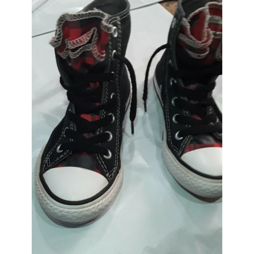Converse Sneakers, All Star Chuck Taylor High Top Black with Plaid. Rare.